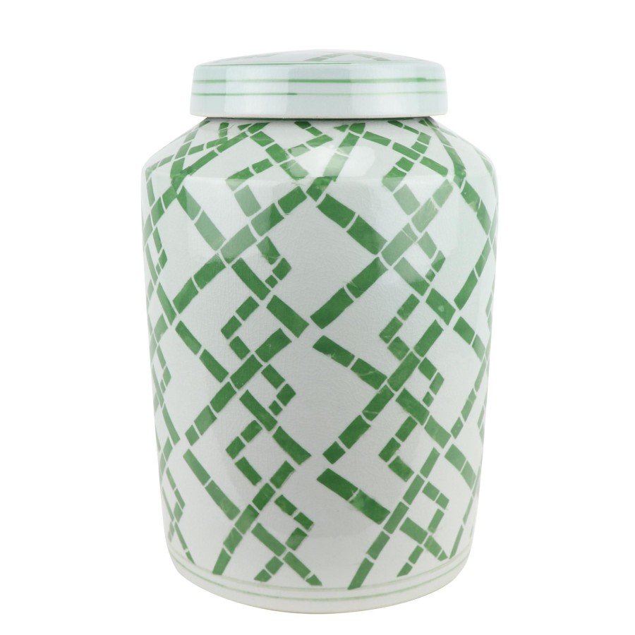 Winward Home Green And White Ceramic Jar 13" New